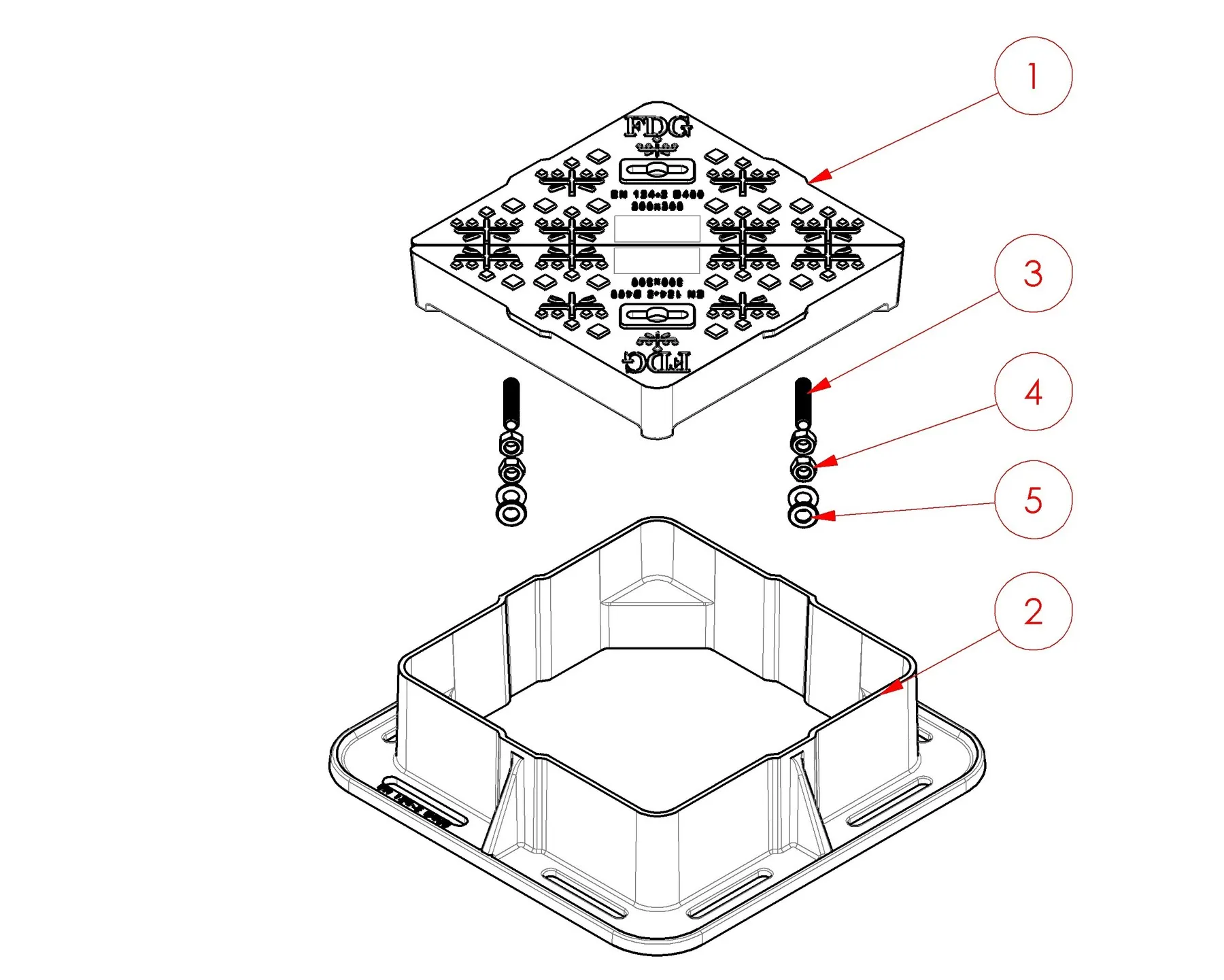 Exploded view of the 300x300 D400 double triangular manhole cover, frame and fixings