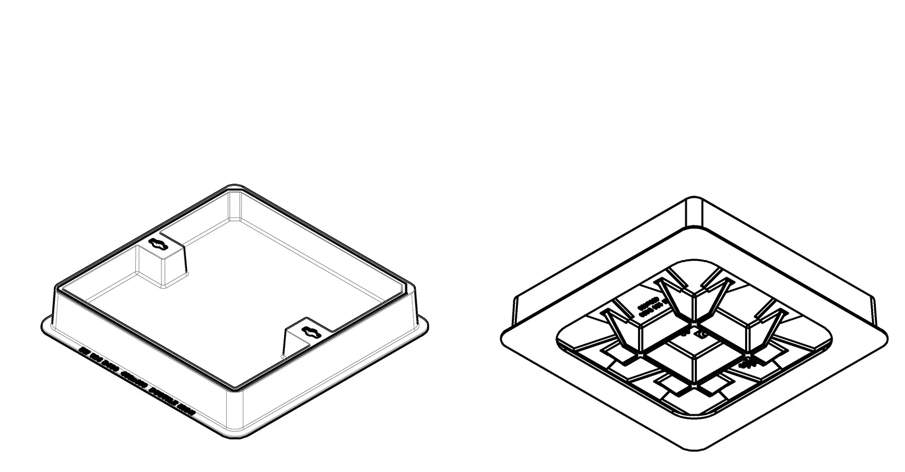 Isometric views of the recessed manhole cover frame and the cover underside