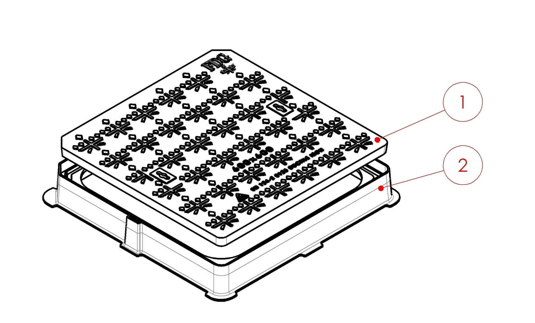 Isometric view of the 600x600 solid top manhole cover seated in its frame