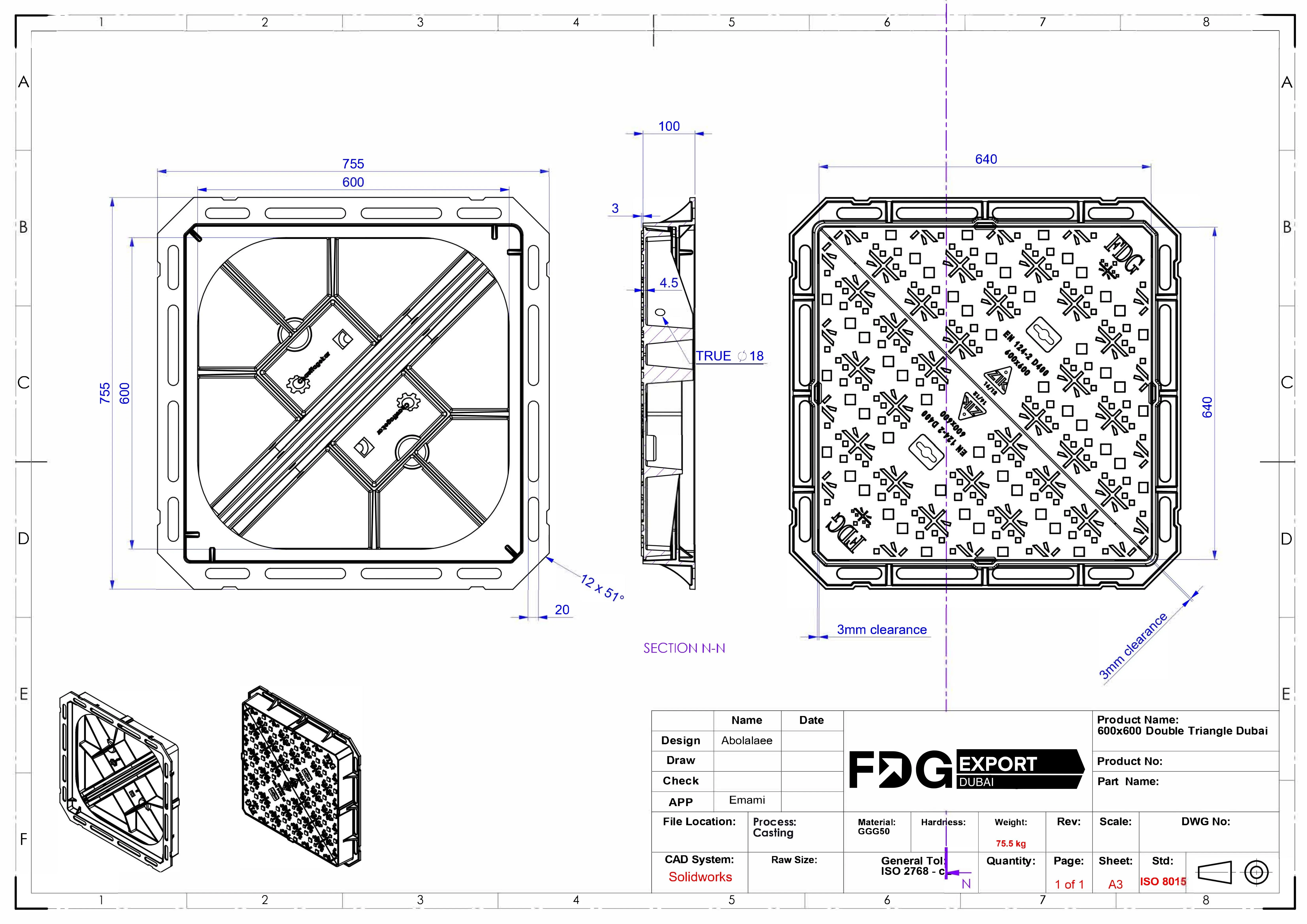 General arrangement drawing, 600×600 Double Triangle EN 124 D400