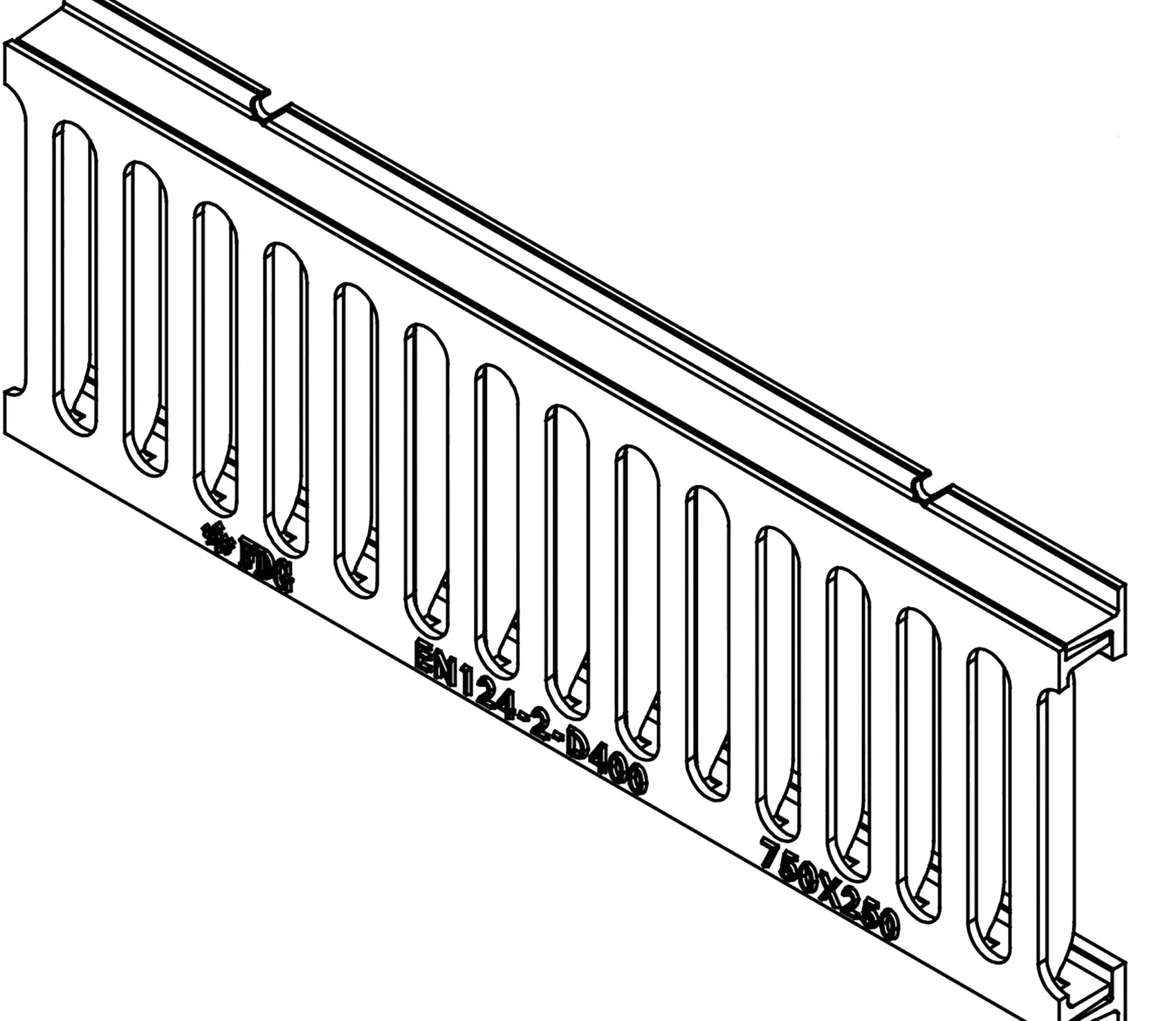 Isometric view of the 750x250 reinforced ductile iron channel grating, cast EN 124-2 D400