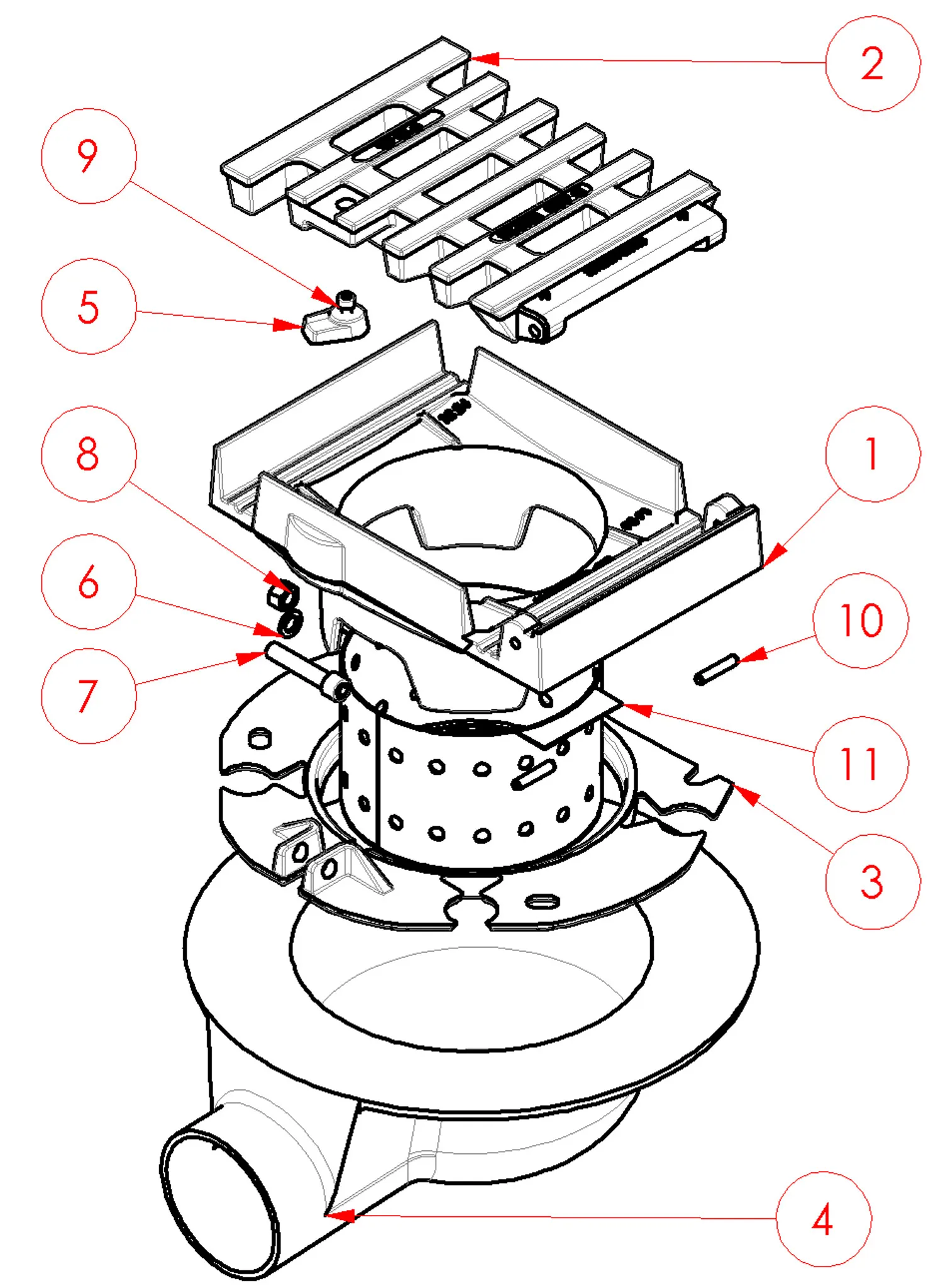 Exploded view of the Art 440 H sewerage grating showing frame, grate, flange, drain body and fixings