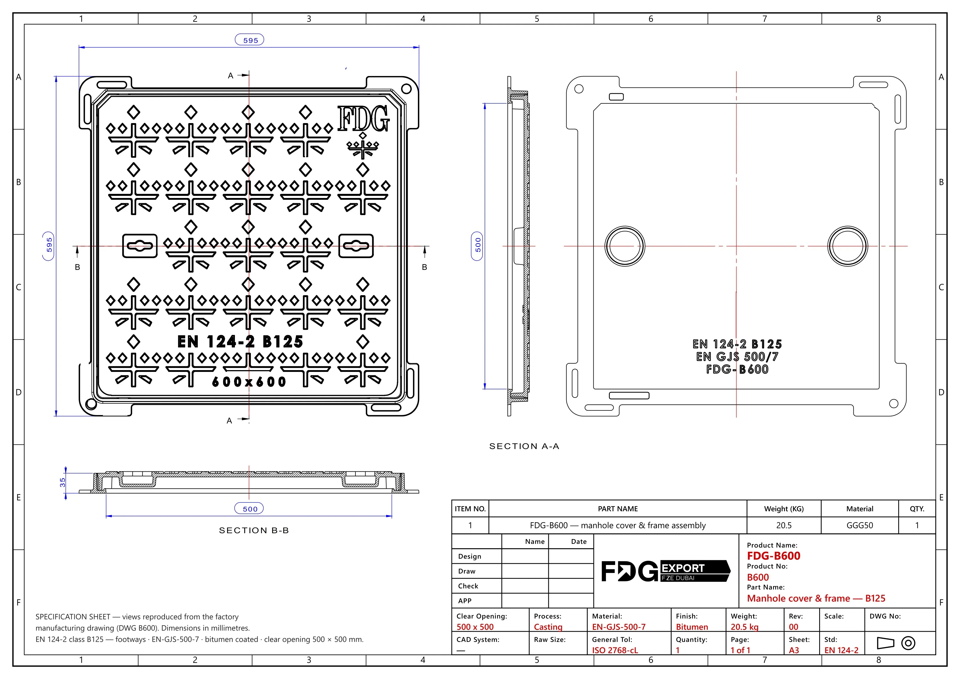 General arrangement drawing, FDG-B600 EN 124 B125