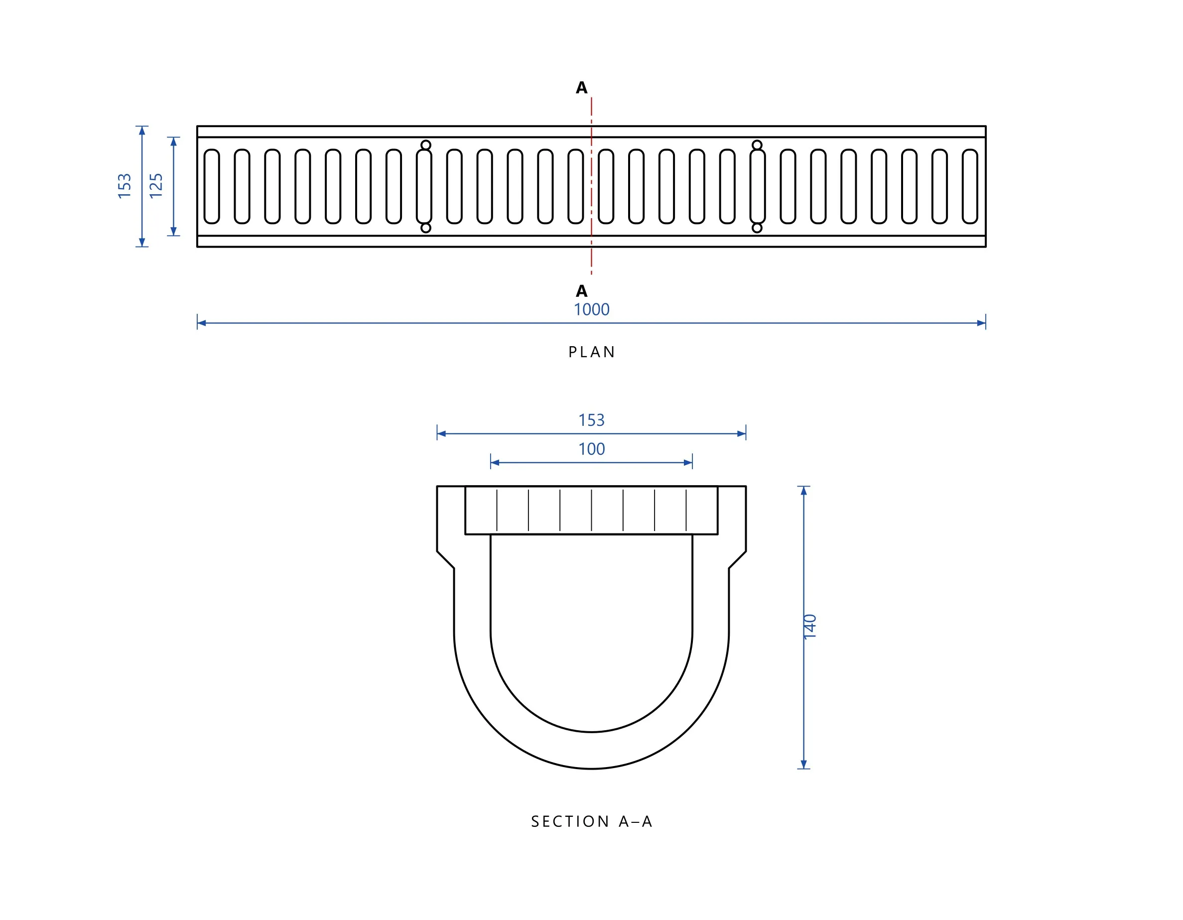 Plan and section of the cast channel drain, showing channel width, grate width, clear opening and depth