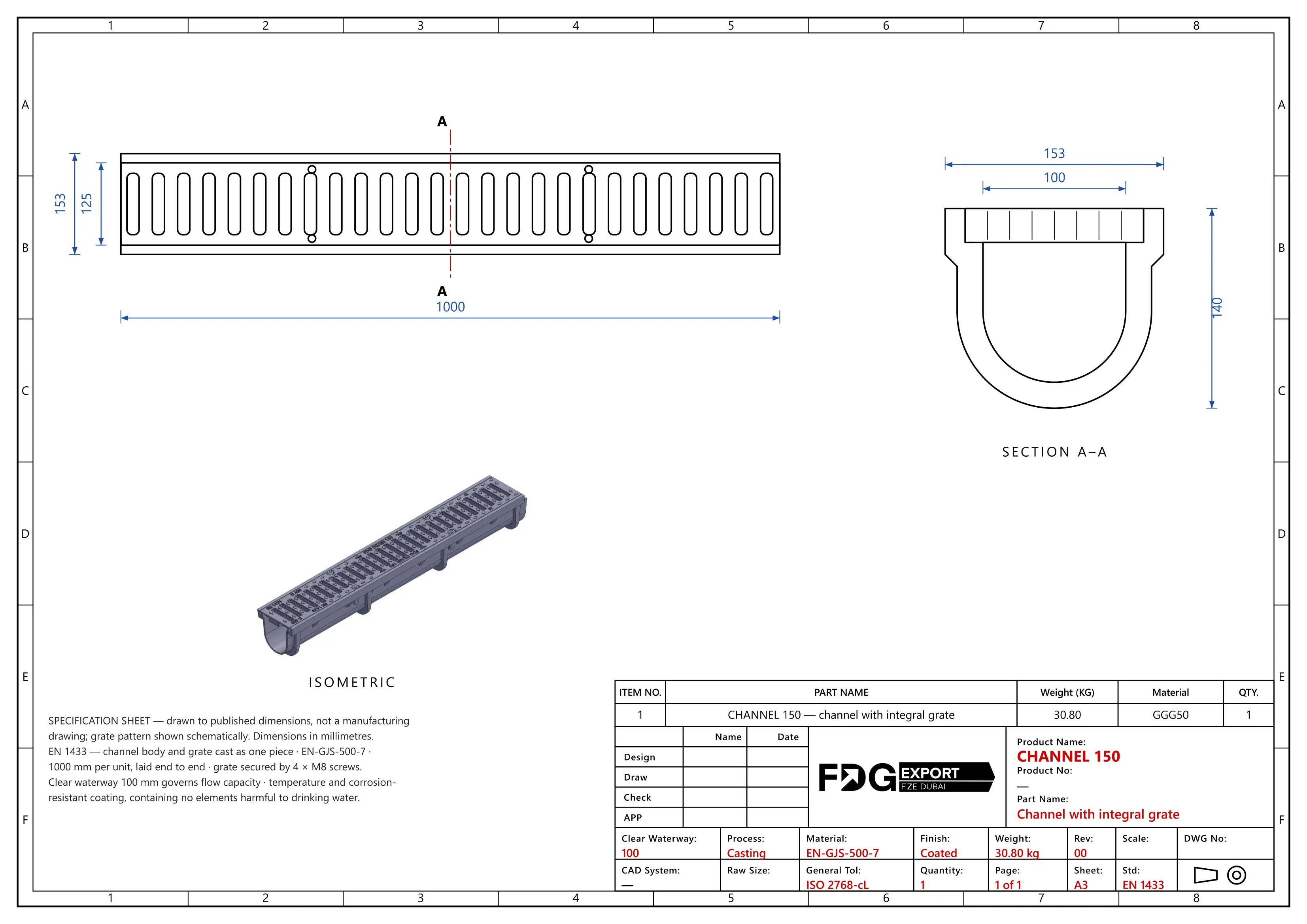 General arrangement drawing, CHANNEL 150 EN 124 D400