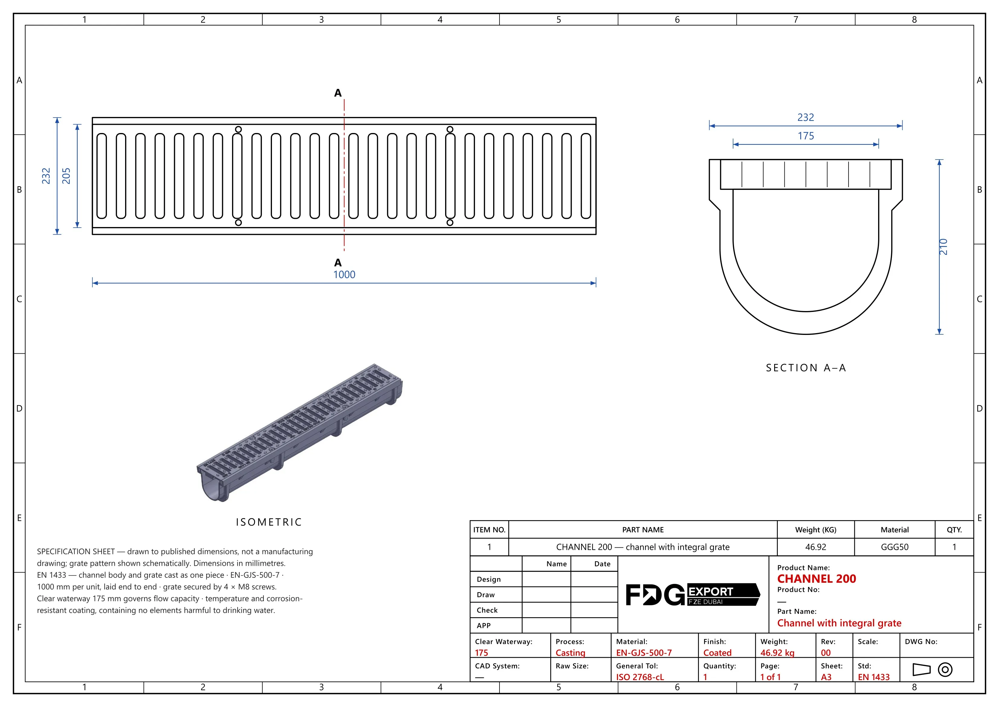 General arrangement drawing, CHANNEL 200 EN 124 D400