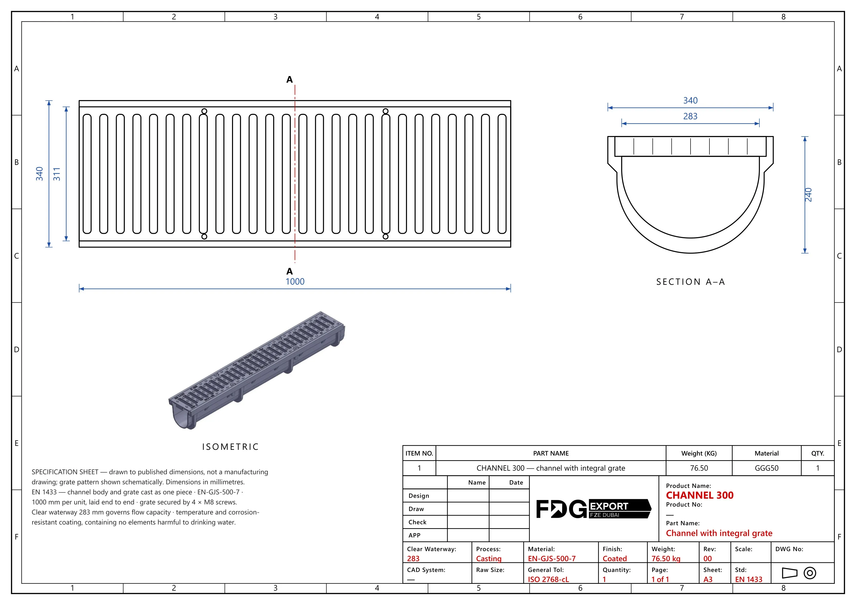 General arrangement drawing, CHANNEL 300 EN 124 D400