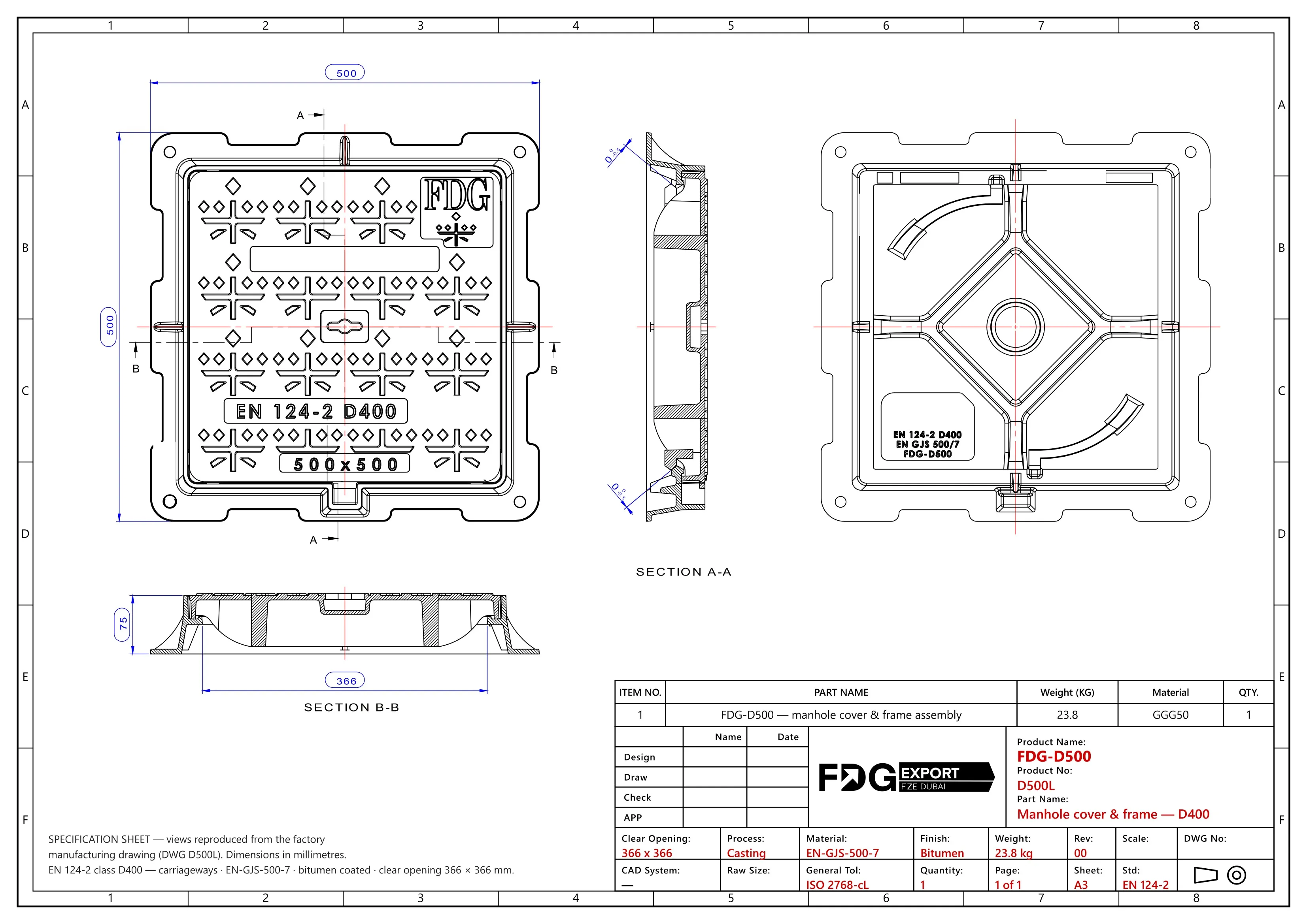 General arrangement drawing, FDG-D500 EN 124 D400