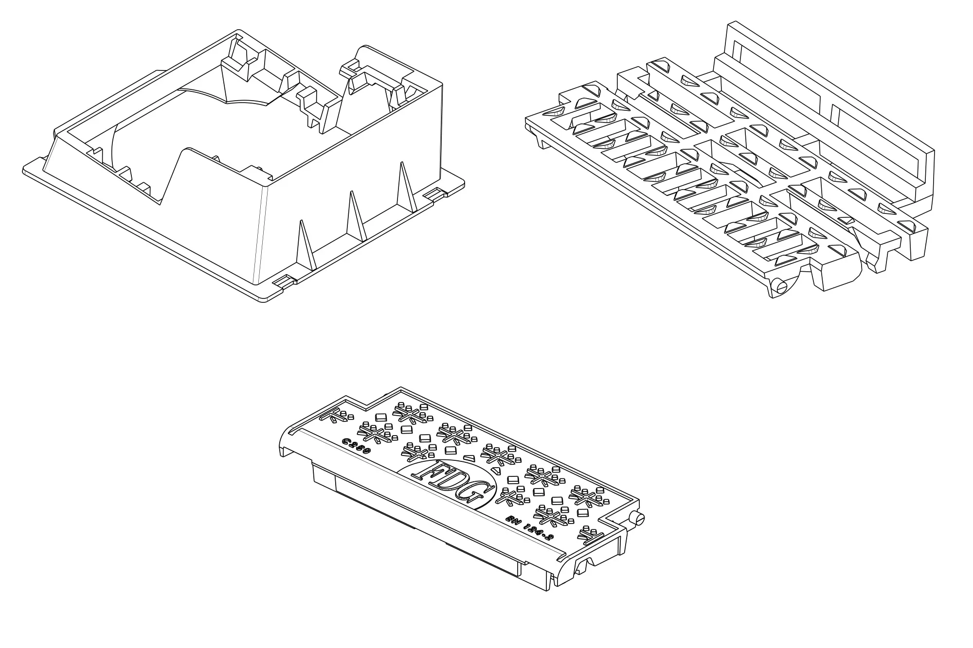 Isometric views of the Edge Grating frame, grate and top castings, EN 124-2 C250