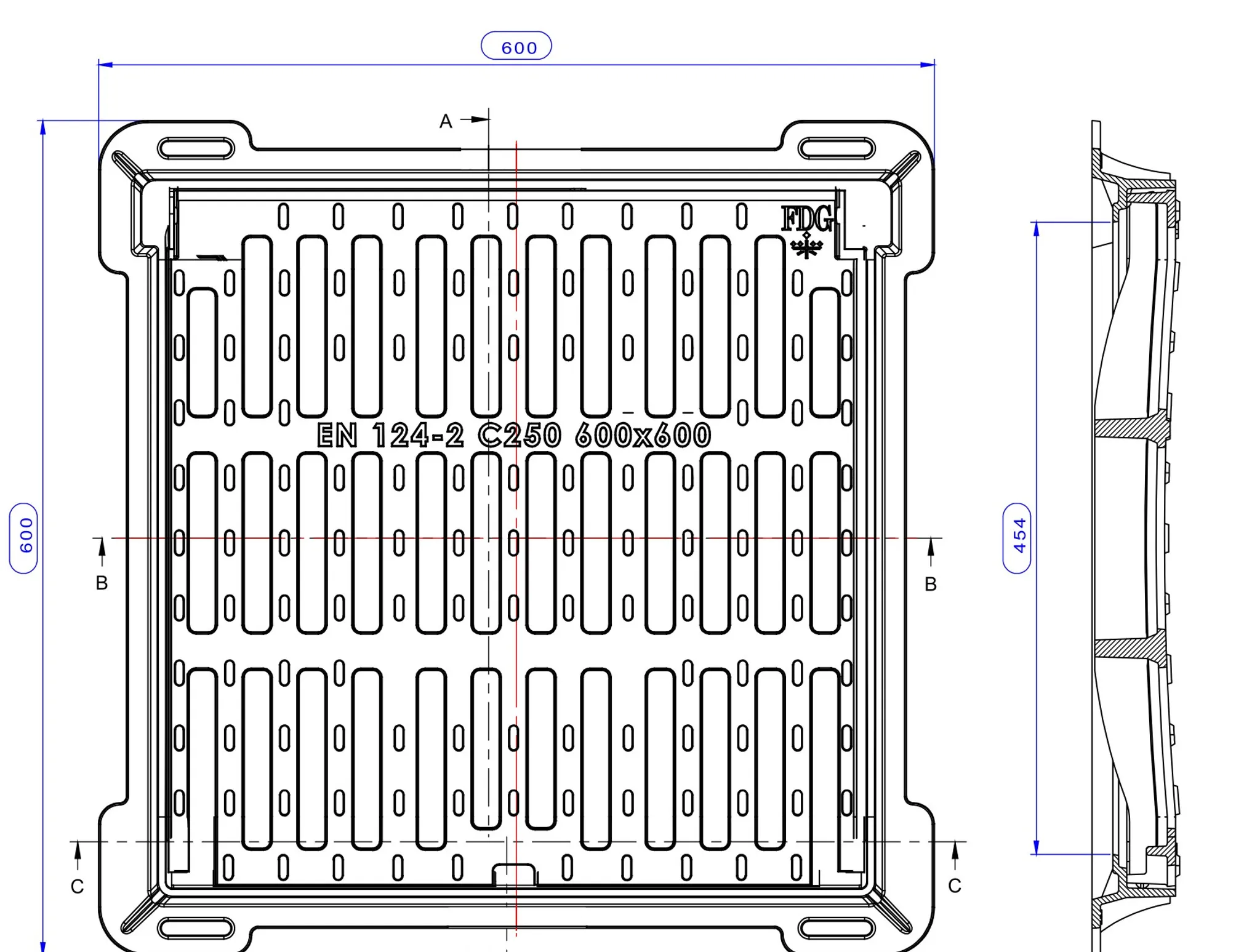 Dimensioned plan and section of the FDGC-600 concave gully grating and frame, EN 124-2 C250