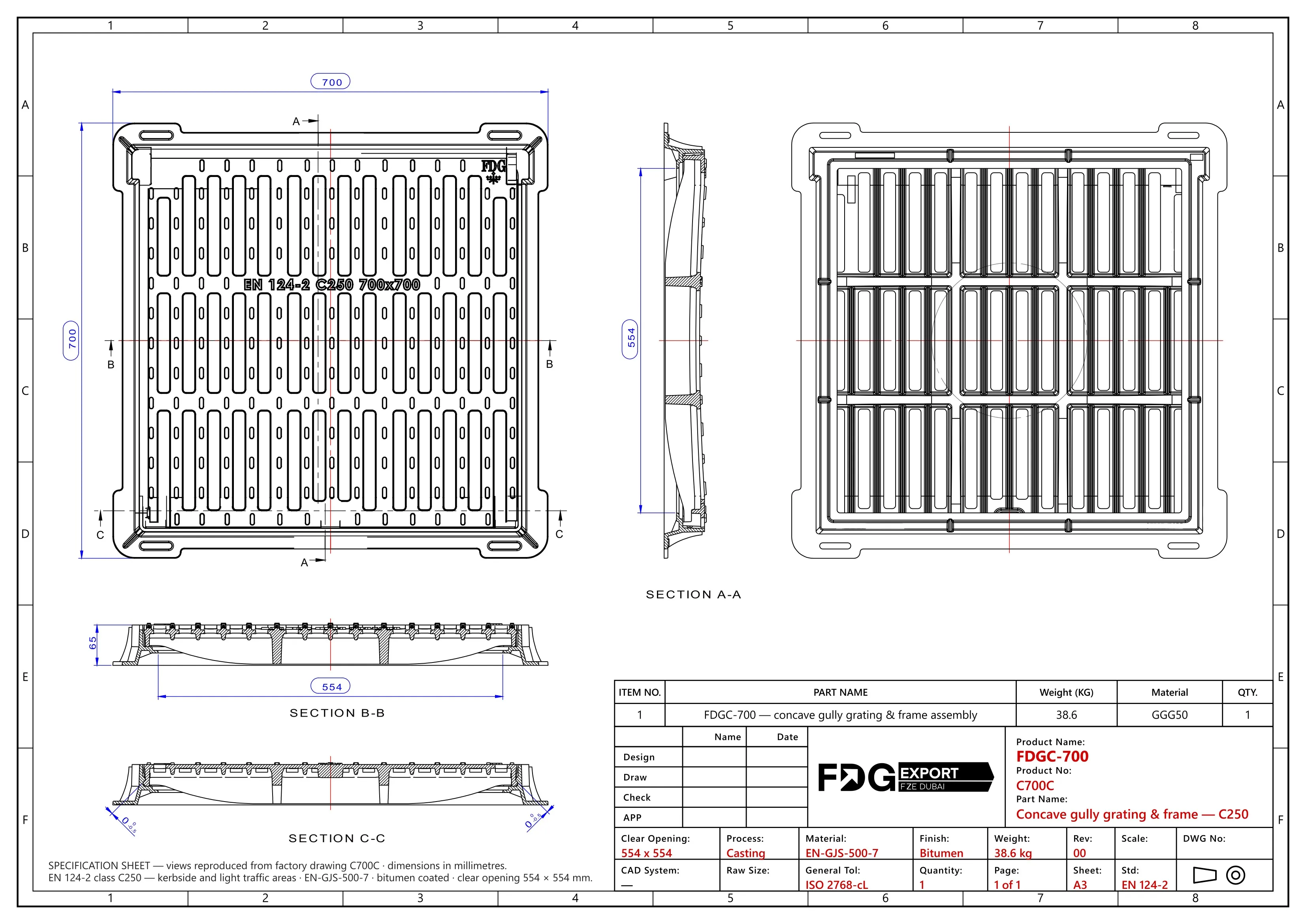 General arrangement drawing, FDGC-700 EN 124 C250