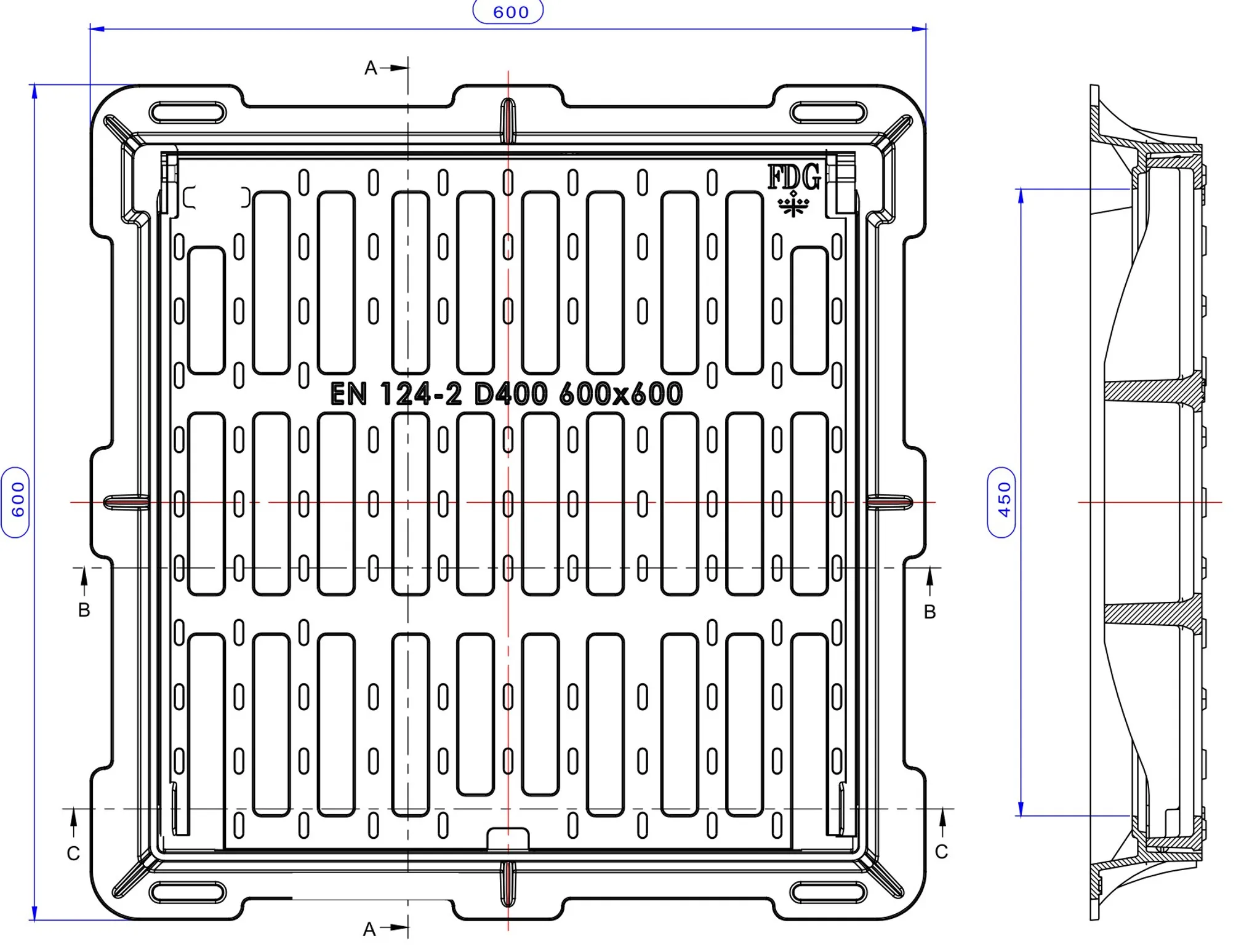 Dimensioned plan and section of the FDGF-600 flat gully grating and frame, EN 124-2 D400