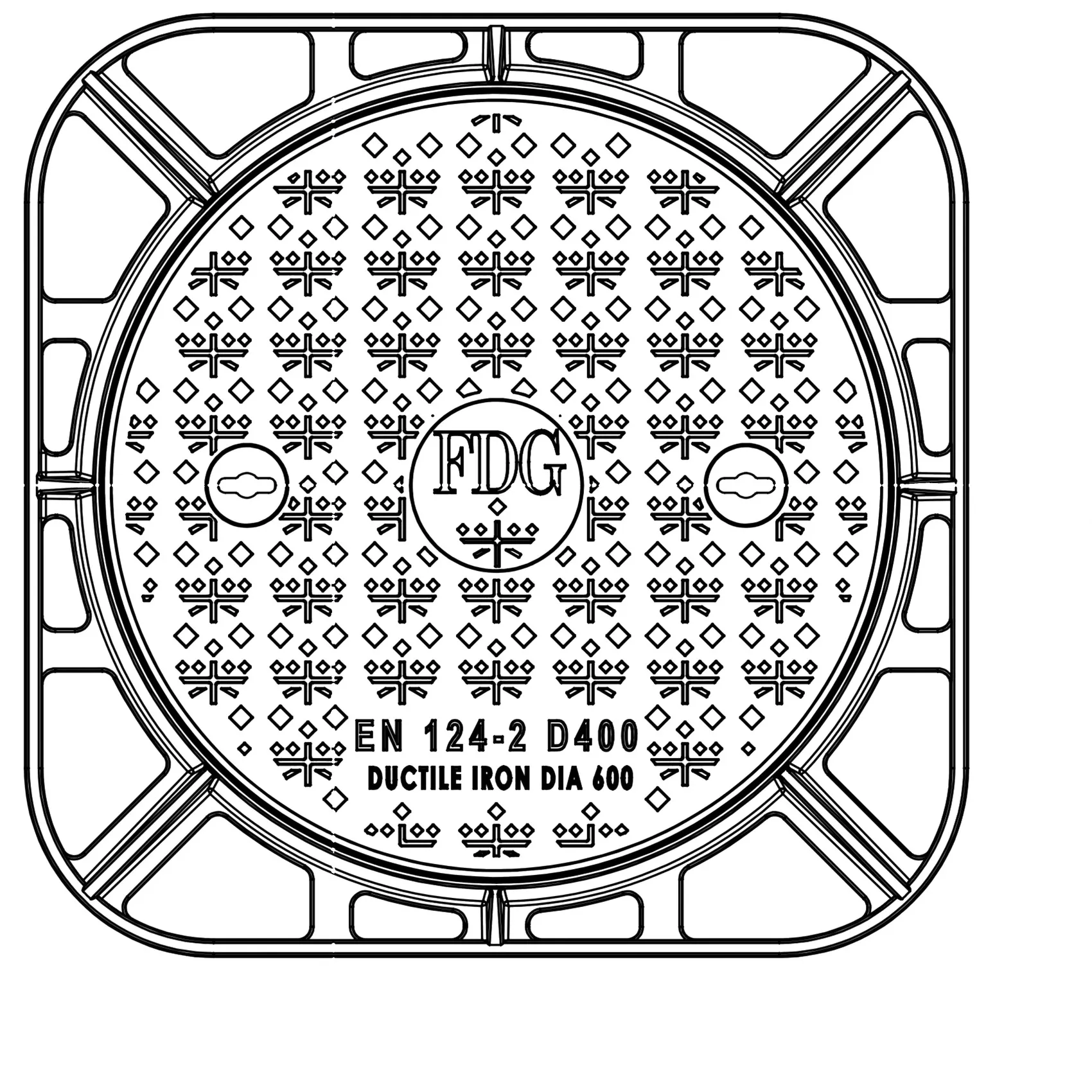 Plan view of the 600mm round ductile iron manhole cover in its square frame, cast EN 124-2 D400
