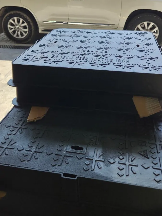 Ductile iron solid top manhole covers stacked at the FDG Export warehouse in Dubai