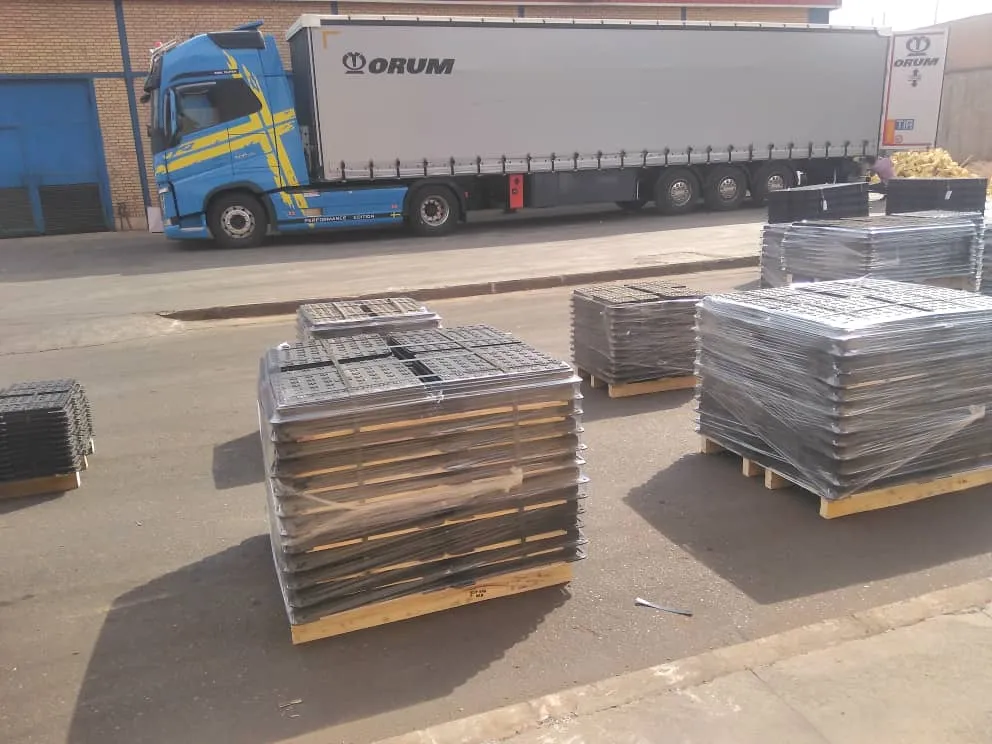 Pallets of ductile iron gratings loaded for shipment from Dubai